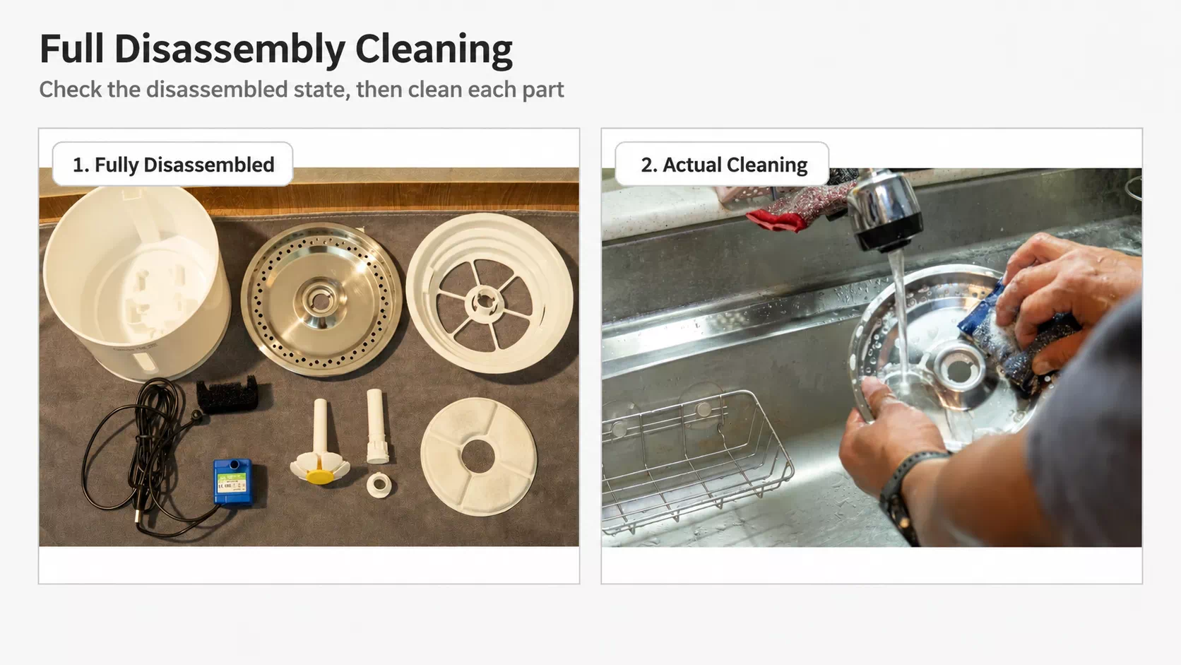 Fully disassembled cat water fountain and the cleaning process